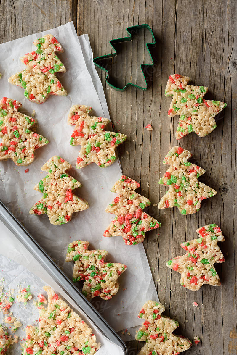 Puffed rice cereal treats cut into Christmas tree shapes