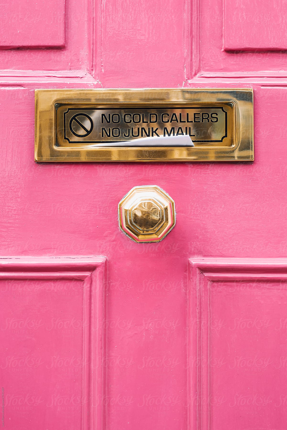 Closeup of mailbox on a pink door