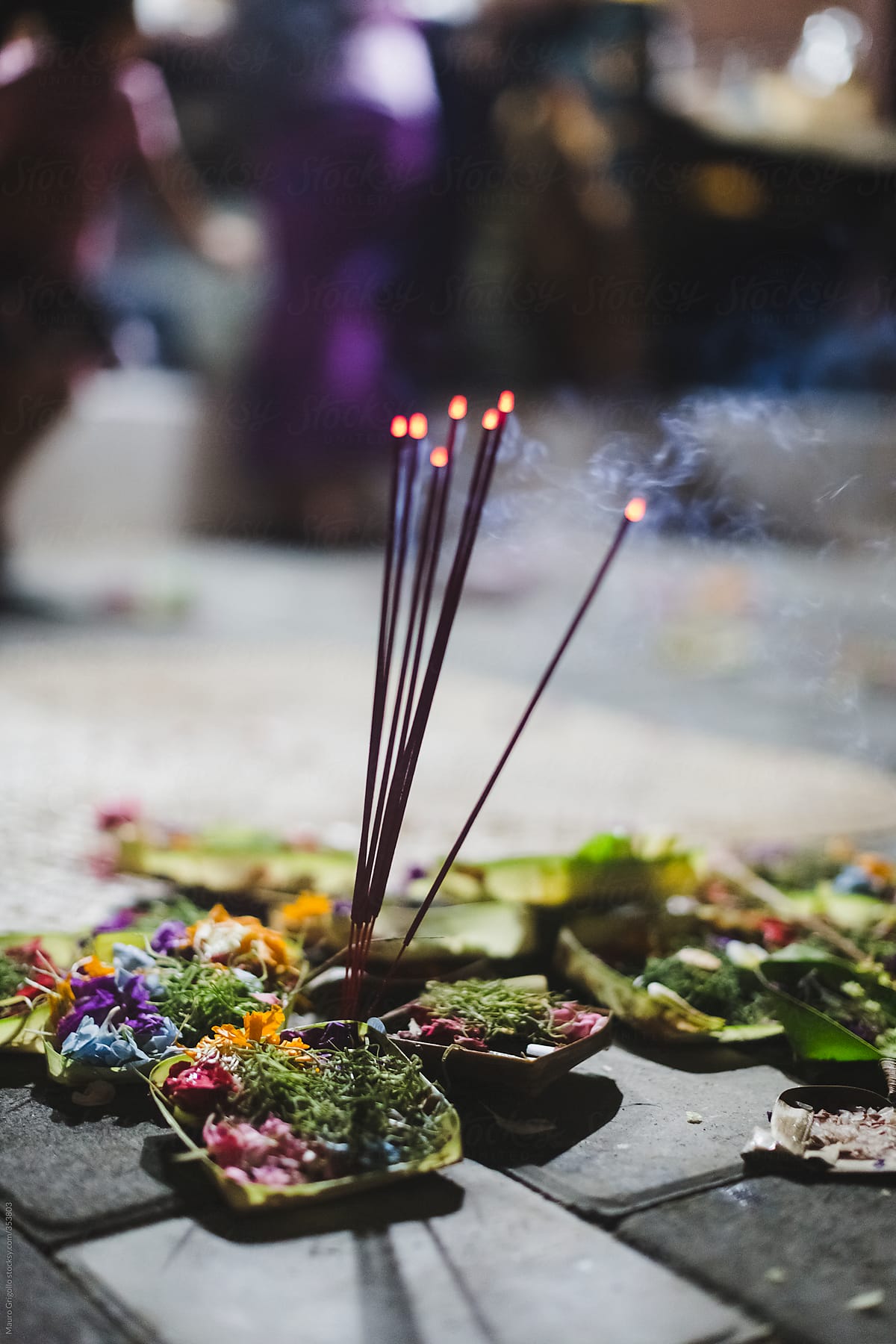 Flower Offering in a Temple in Bali, Indonesia