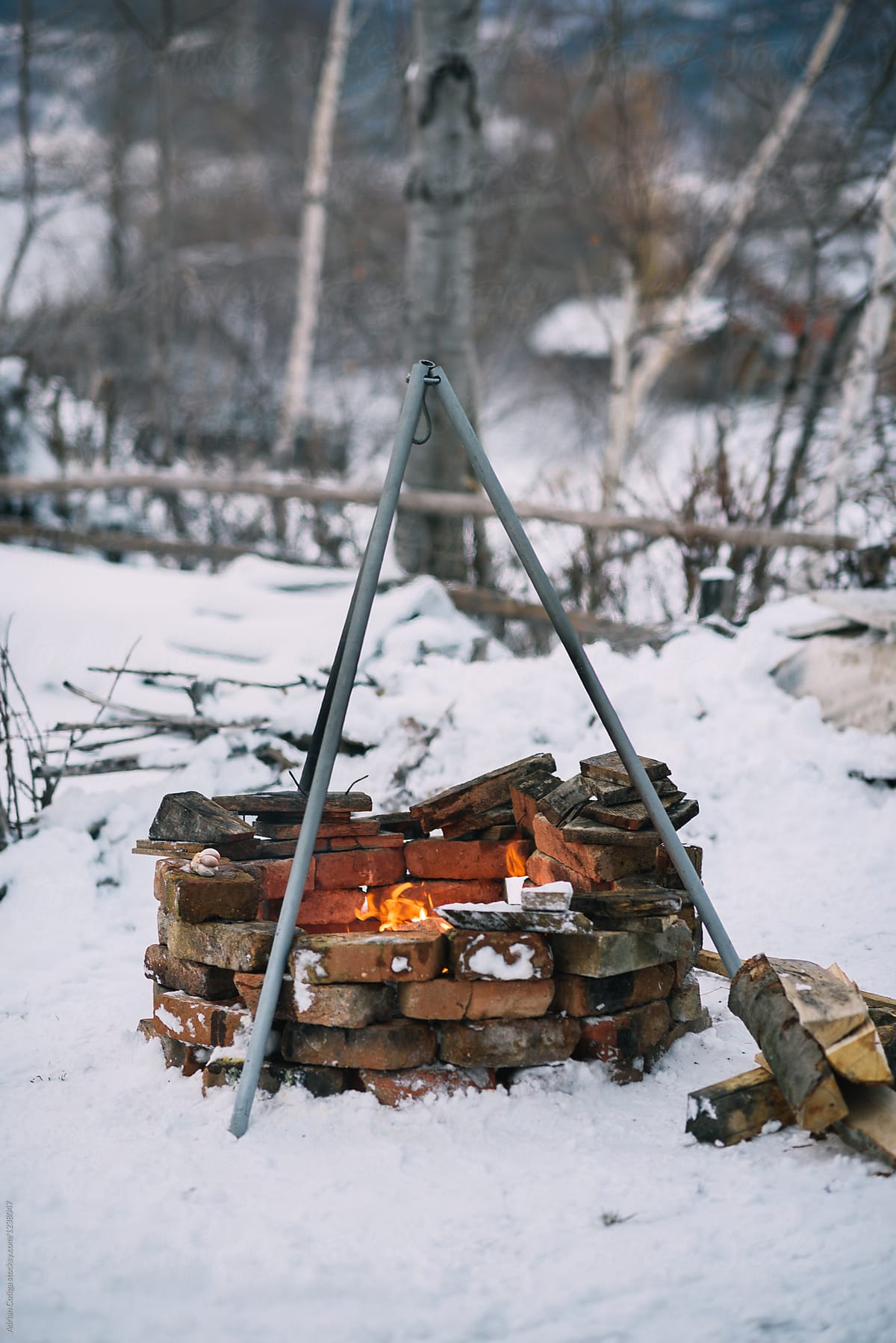Making fire outside in winter