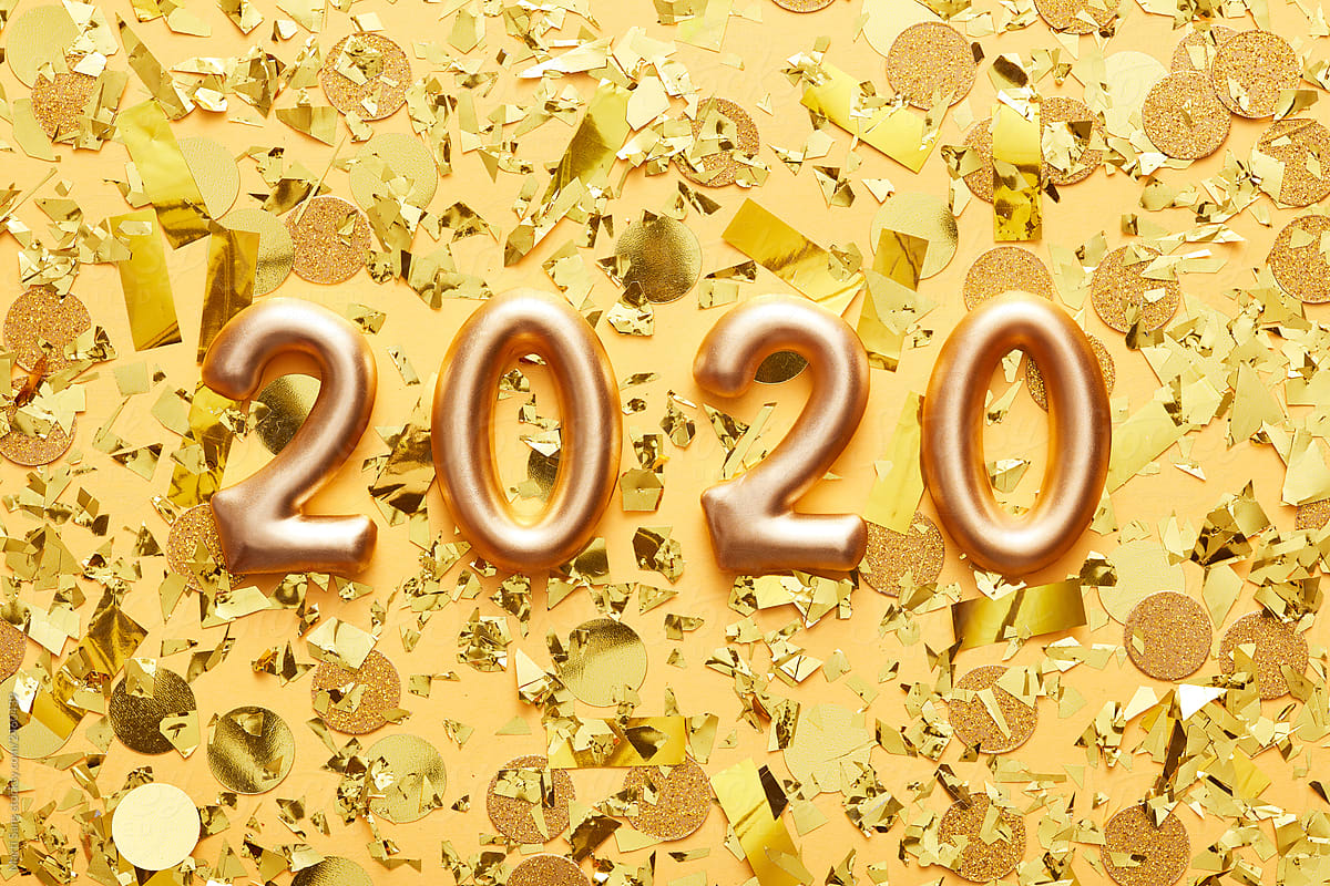 Bright 2020 year number in confetti