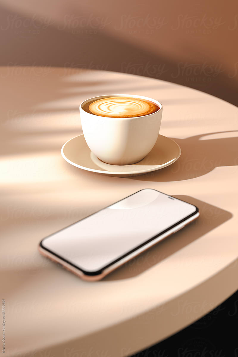 A cup of coffee and a cell phone on a table