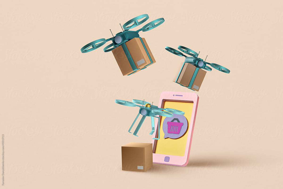 Drones with parcels flying near papercraft smartphone