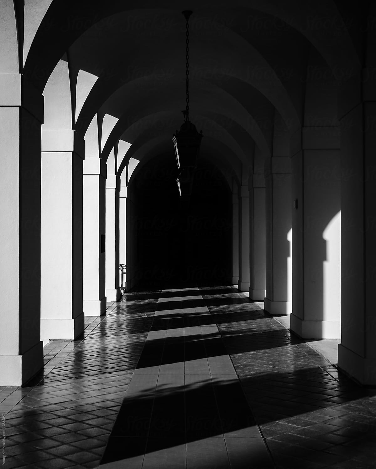 Hallway with shadows - black and white