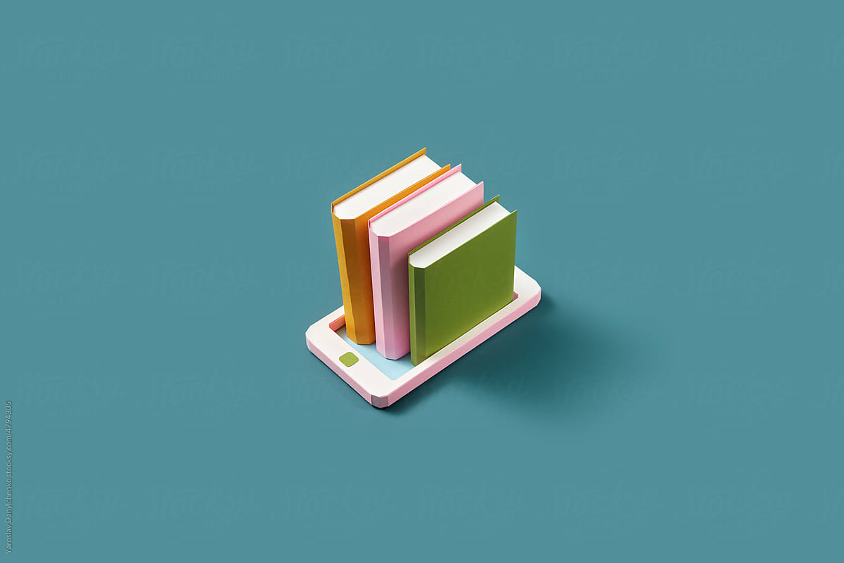 Paper smartphone mockup with colorful books.