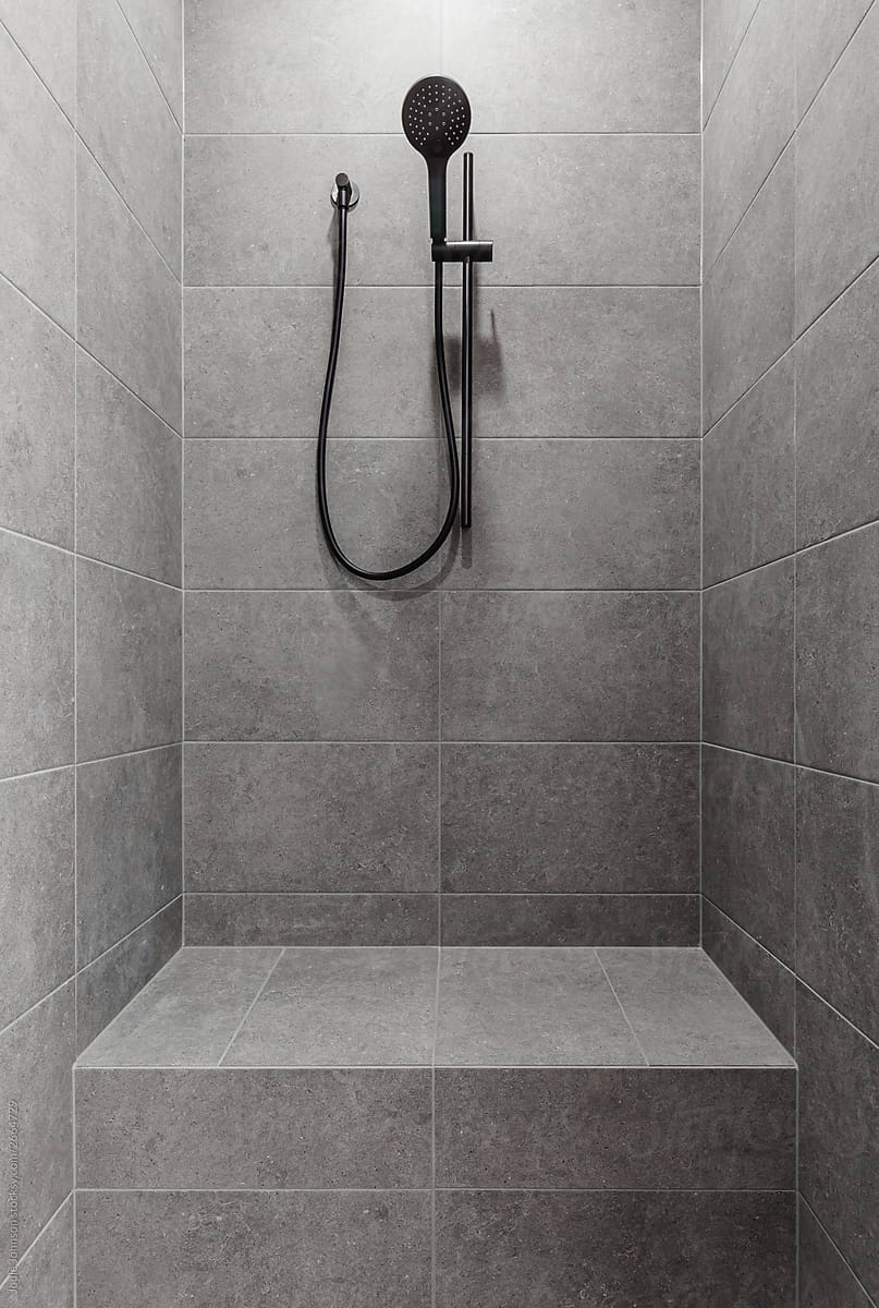 Minimalist grey tiled shower