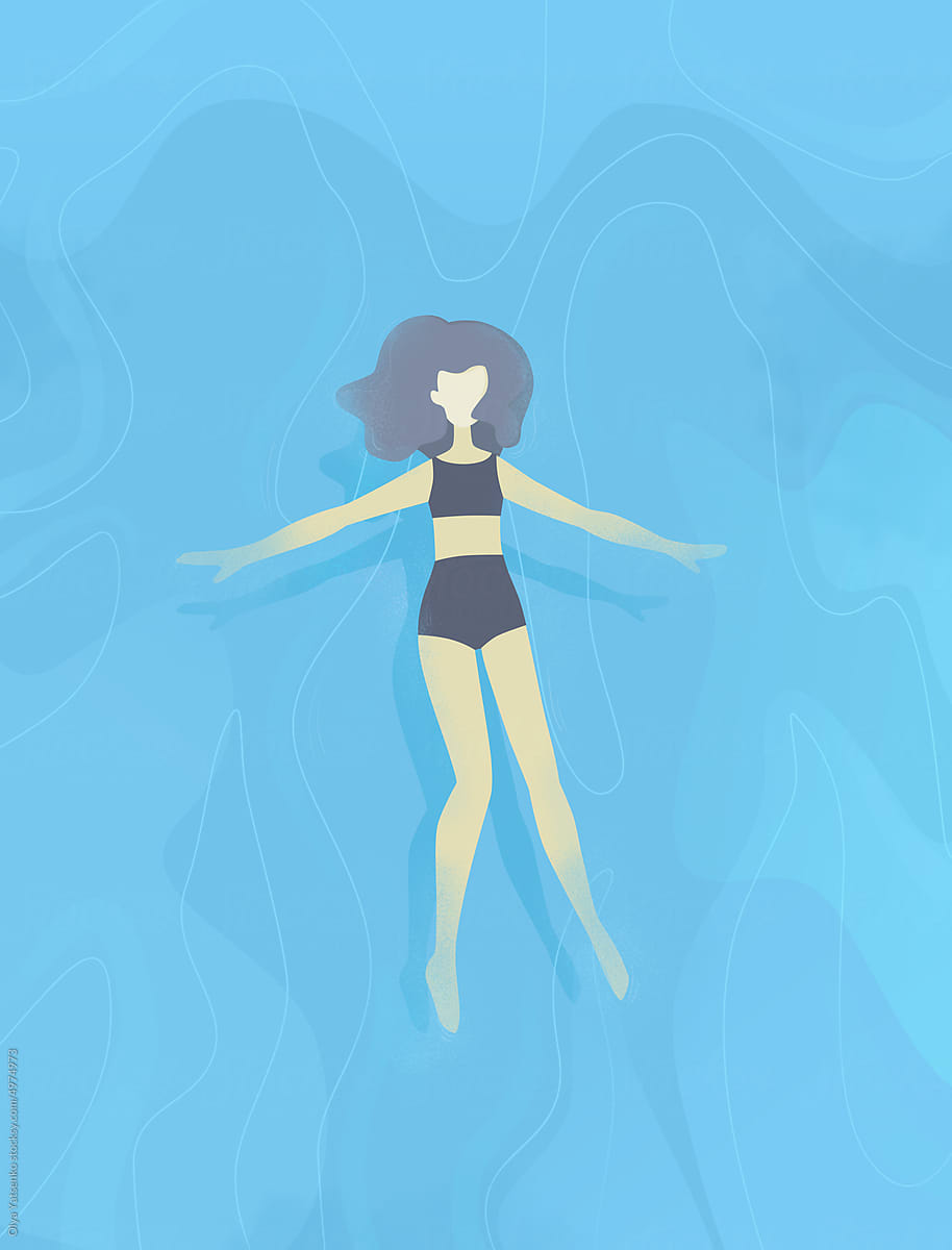 Illustration with girl swimming in the sea