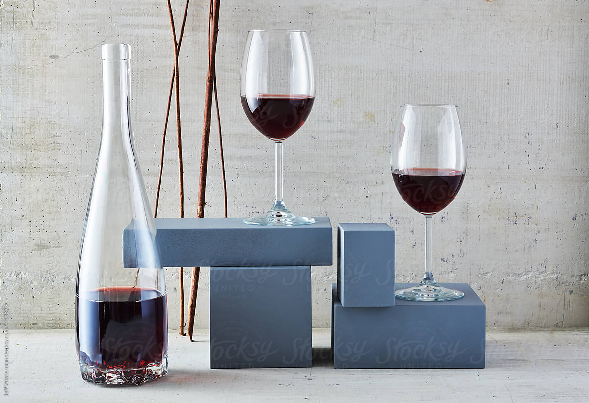 Two Glasses of Red Wine on Gray Blocks