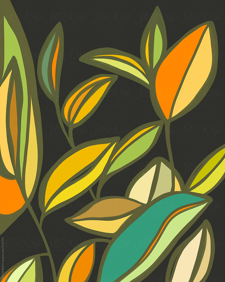 Retro Inspired Abstract Ficus Plant Illustration In Yellow And Green