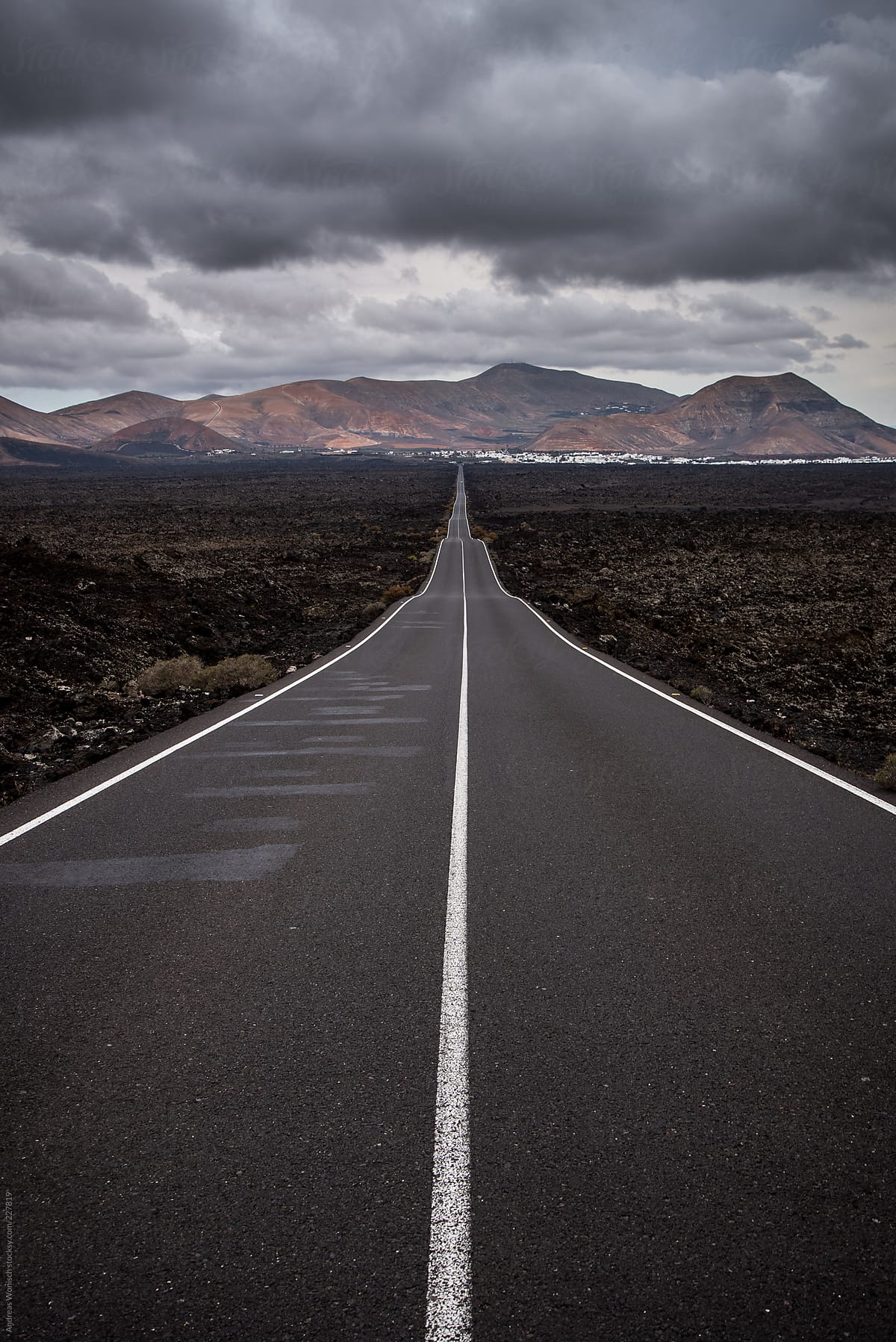 Never-Ending Road through Lava Fields on Lanzarote