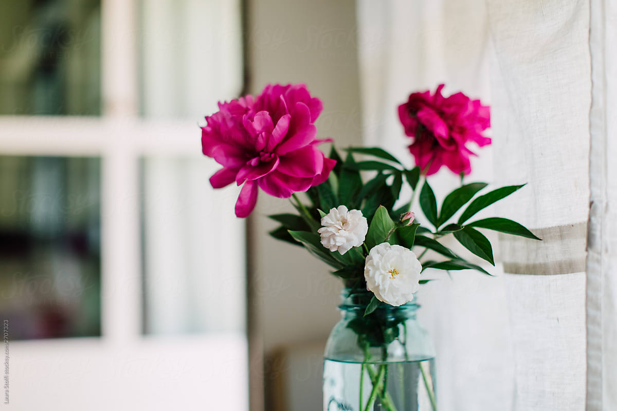 Roses and peonies arranged in vase full of water