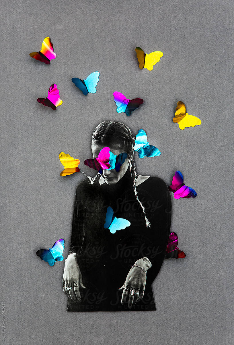 Woman with butterfly confetti collage