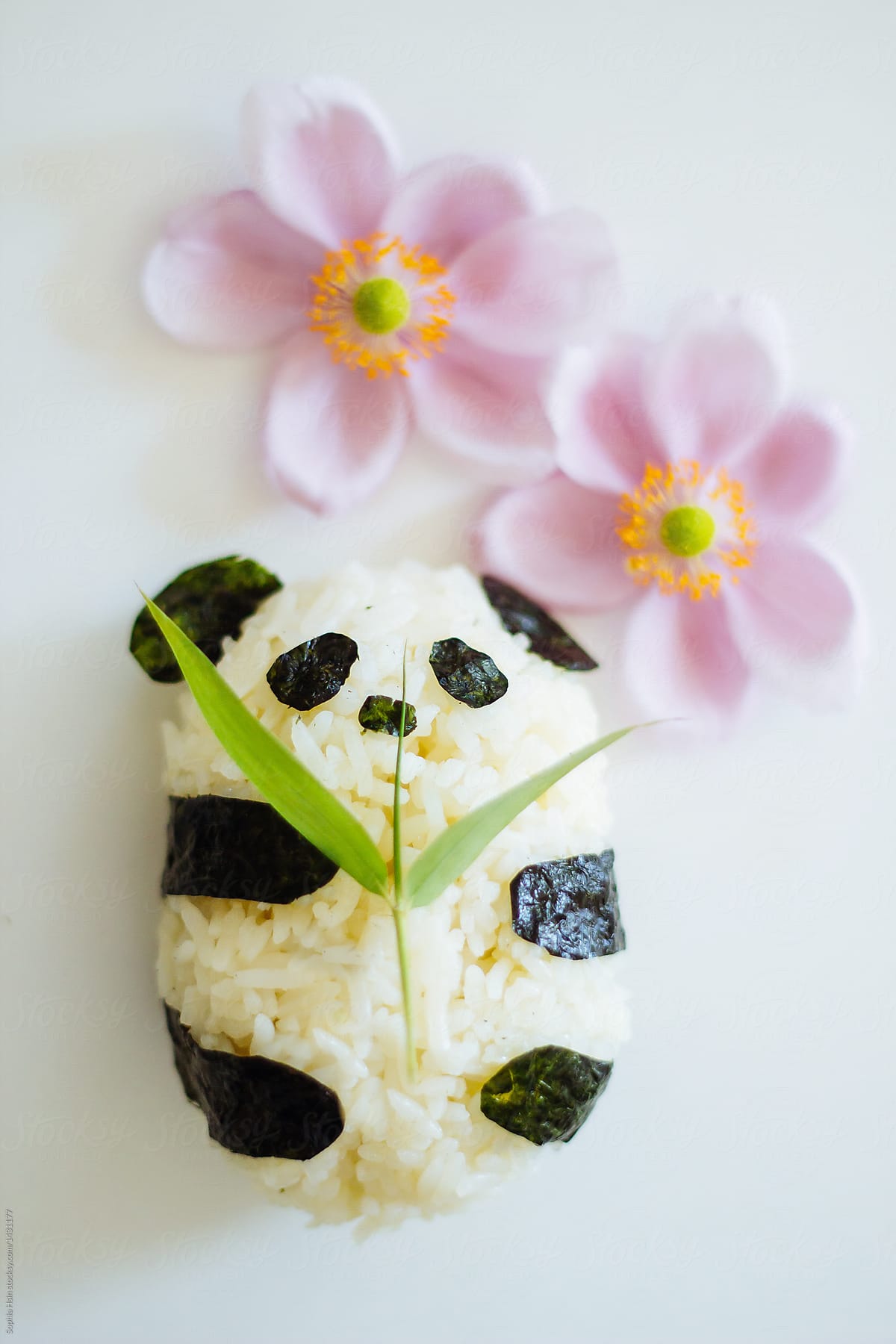 Panda Rice Cake with pink flower and bamboo