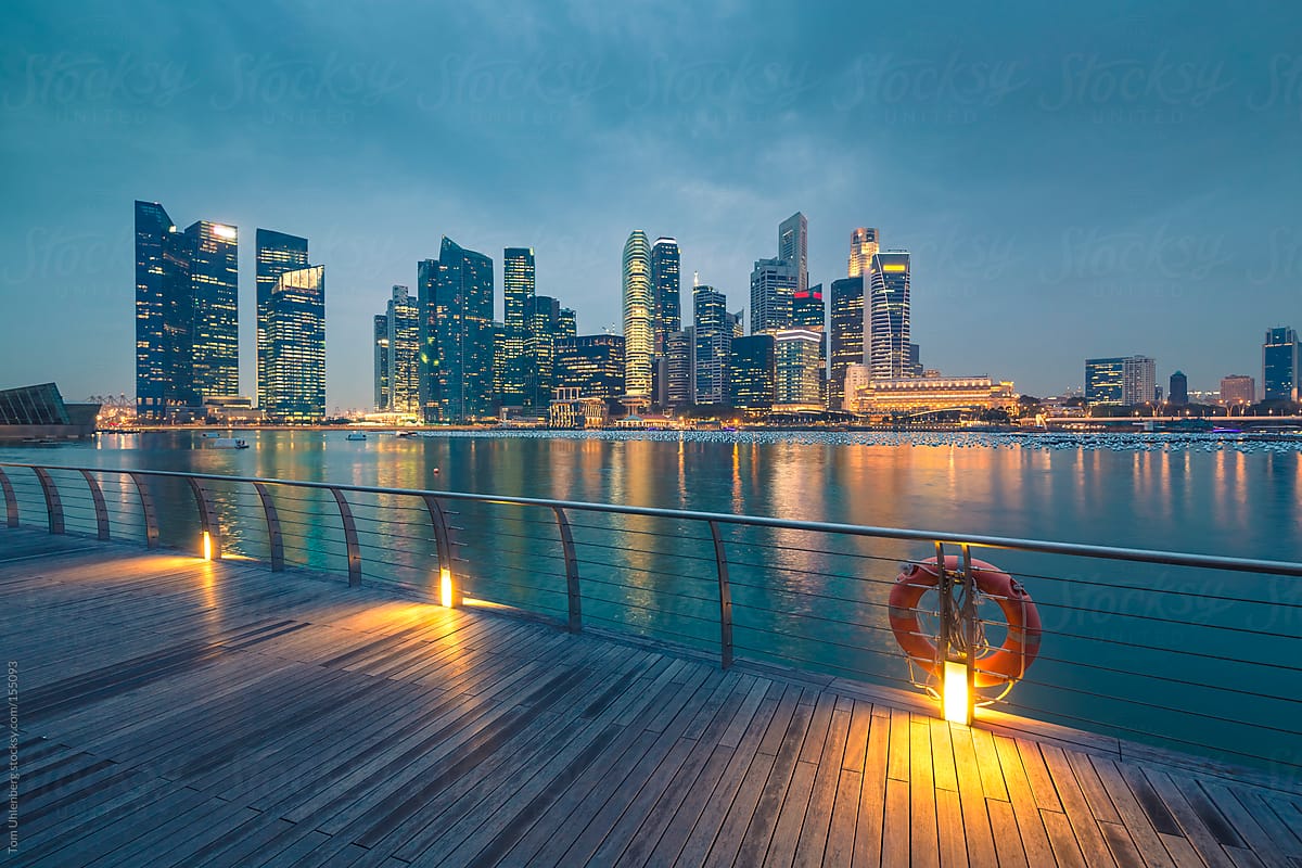 Singapore Skyline as seen from Marina Bay in the Evening