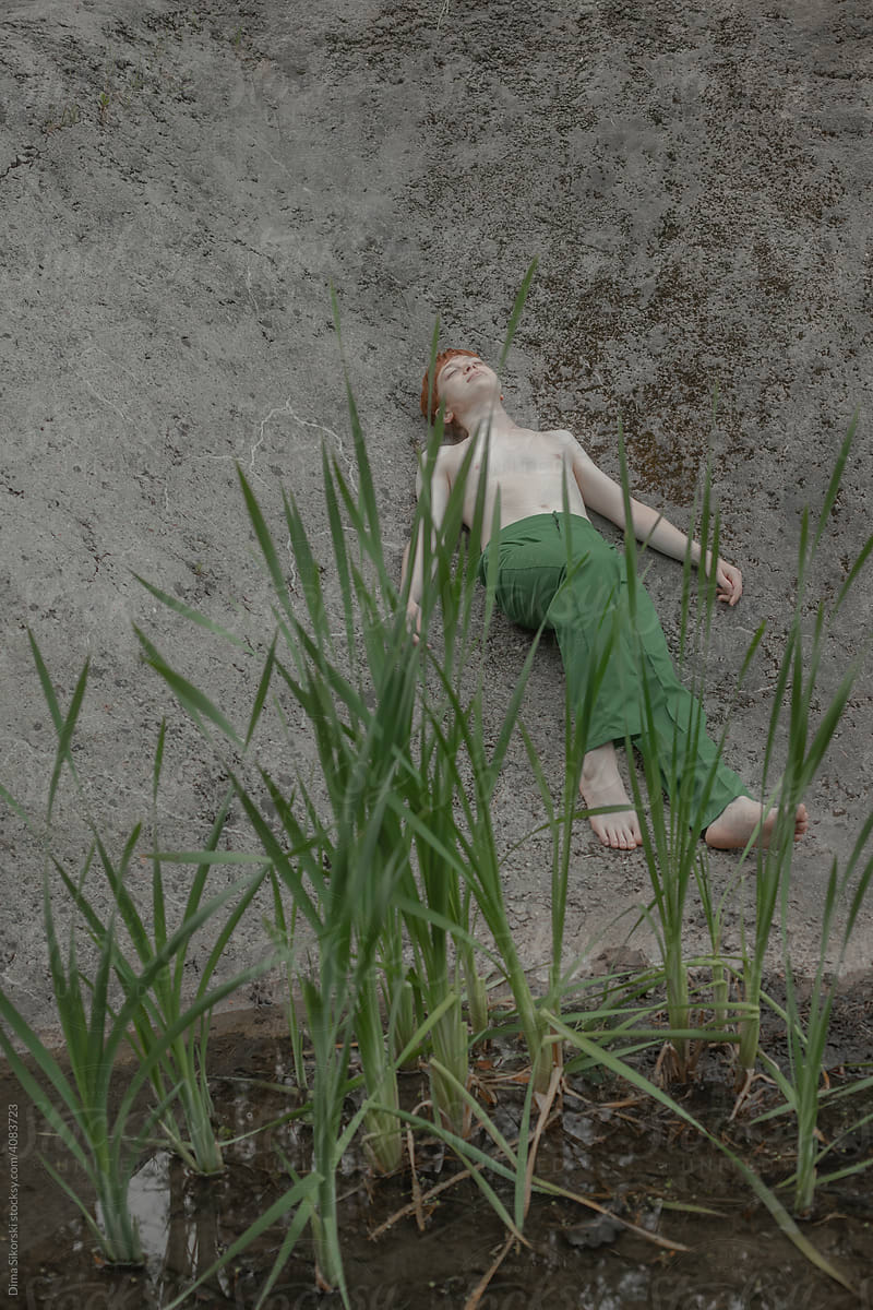 a man is lying on rocks with greenery