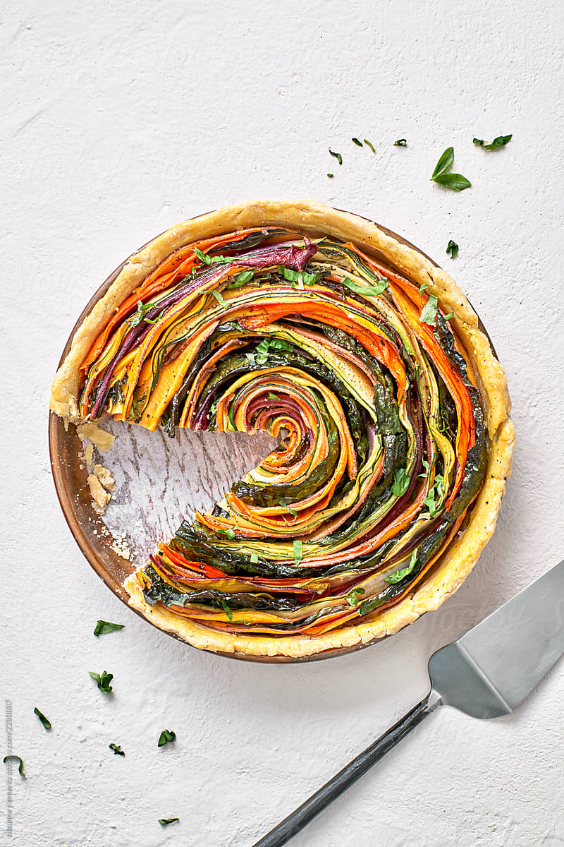 Stock Photo of a Sliced Vegan Organic Spiral Veggetable Tart