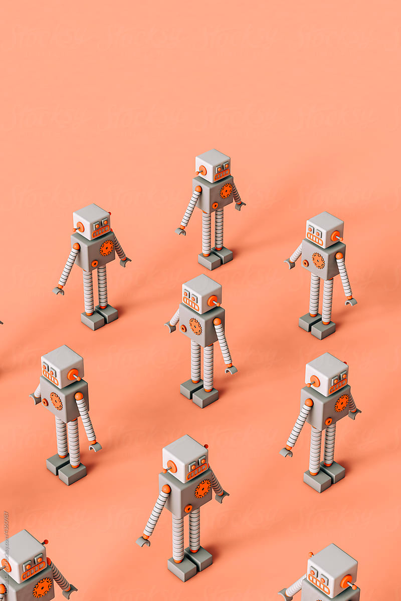 Toy robots organized on a pink background