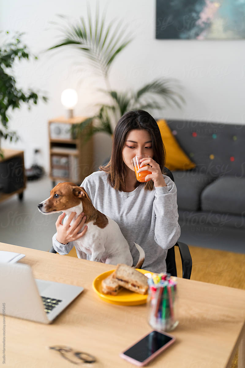 Asian lady with dog drinking juice sitting at laptop