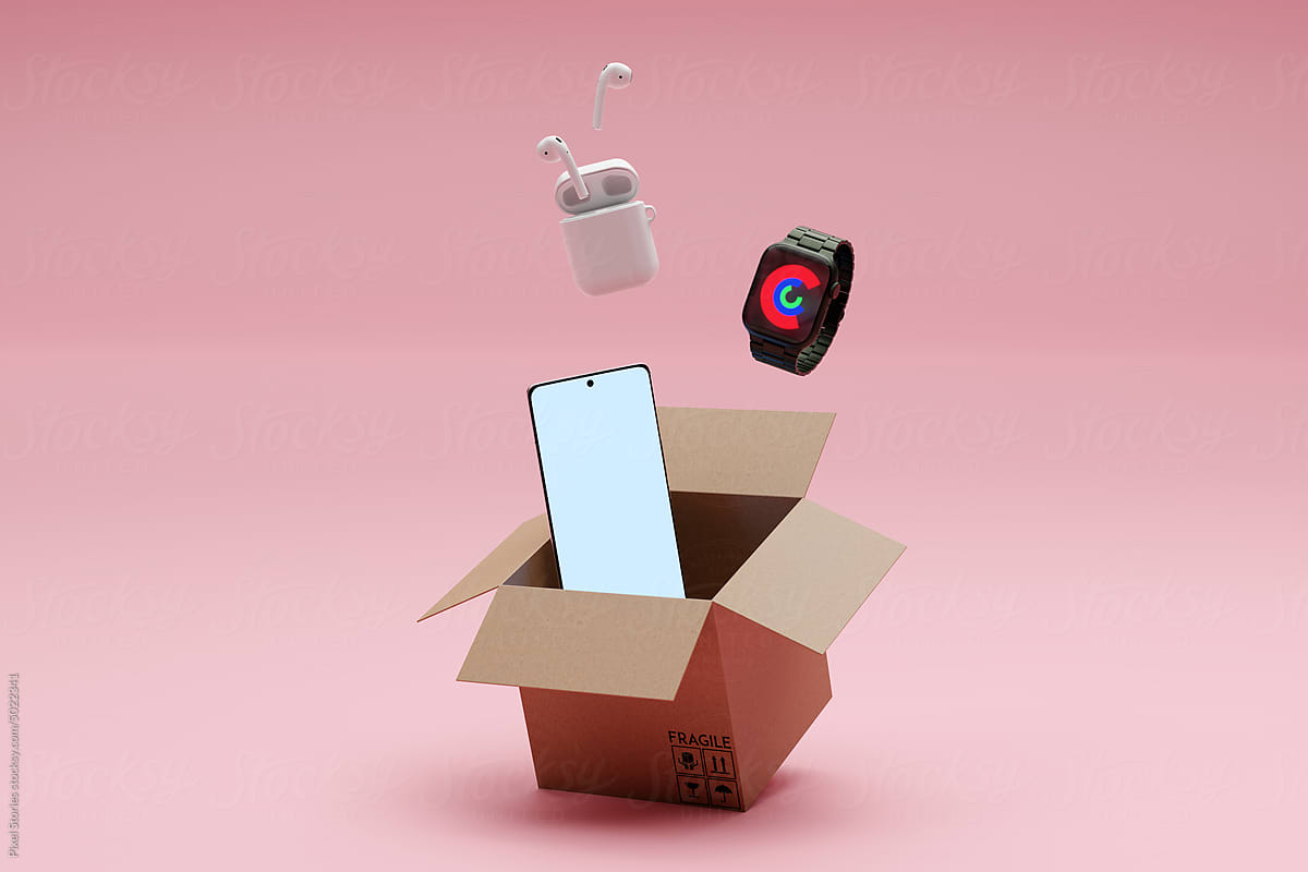 Phone, earphones, smartwatch in delivery shipping box. Wearabable tech