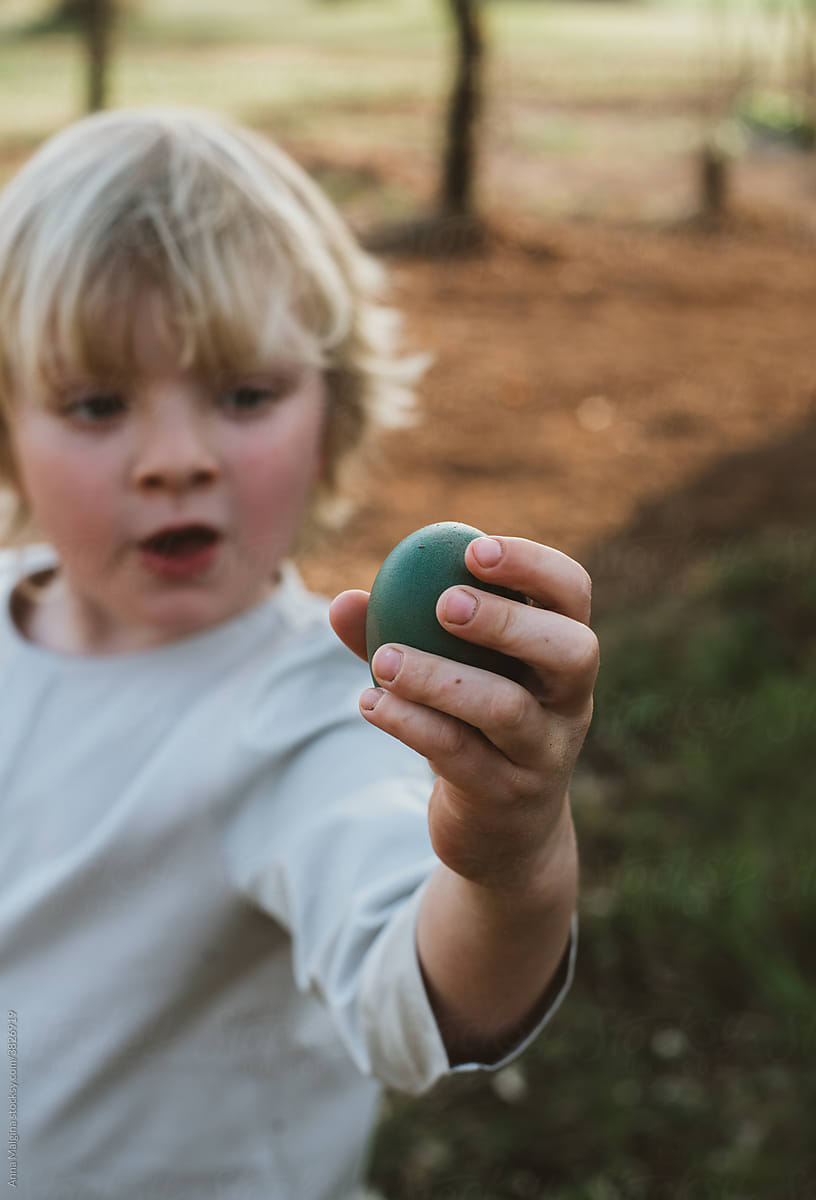 Toddler Boy during an Easter Egg Hunt  with egg in hand