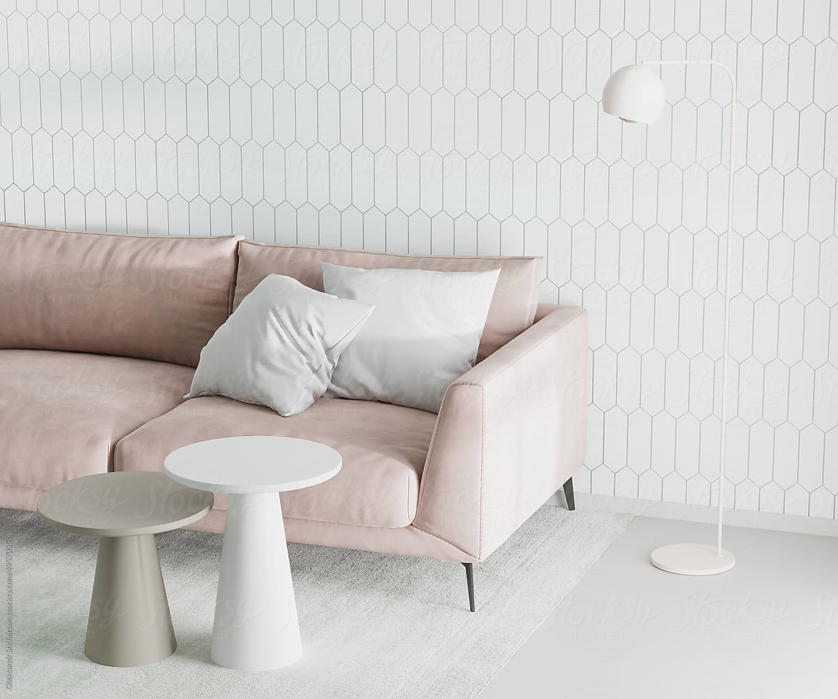 Living room minimalist interior with pink sofa and white tile wall