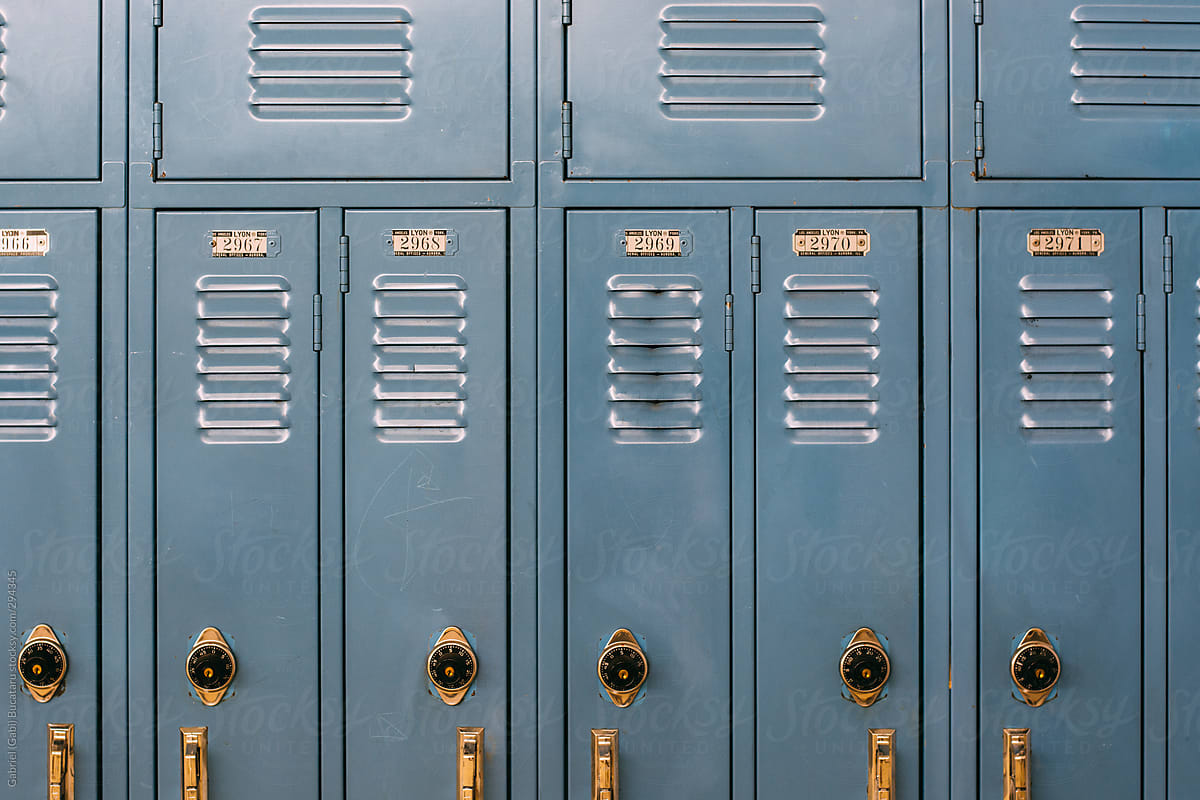 Blue Lockers in a High School Hall