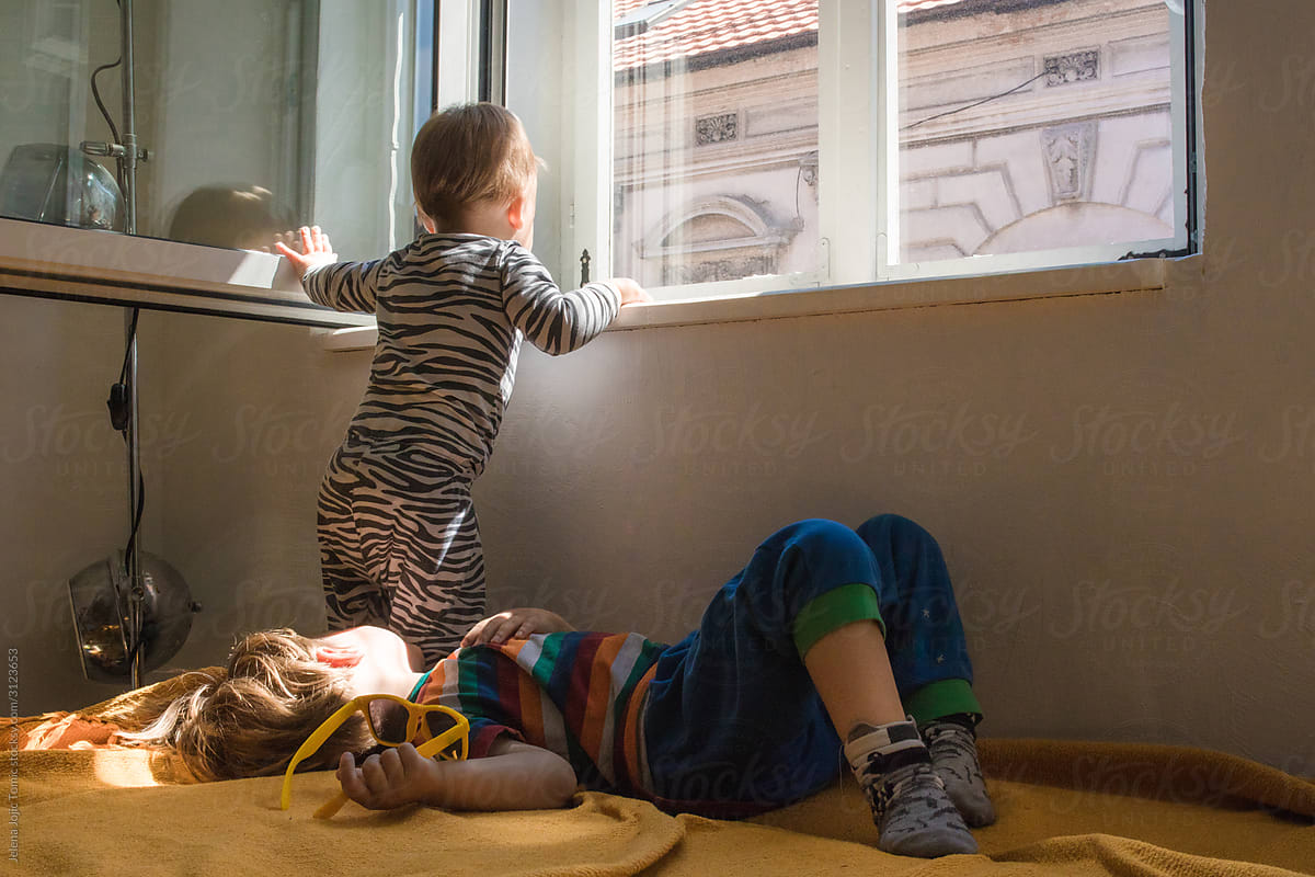 Two toddler brothers play at home