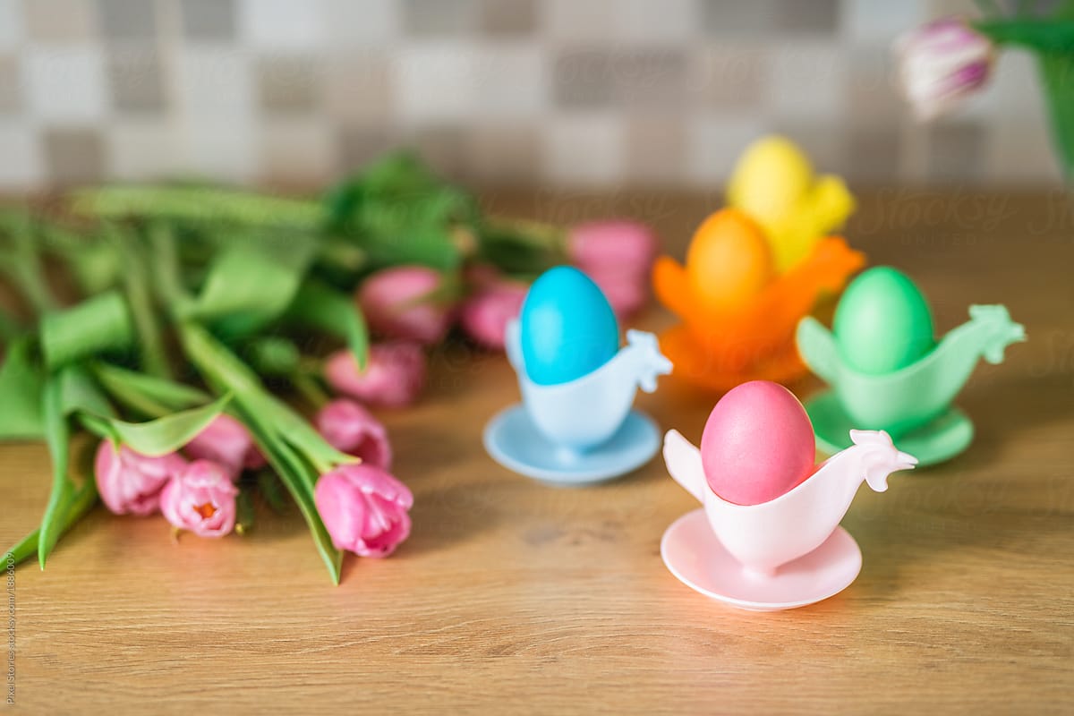 Colorful Easter eggs on kitchen counter