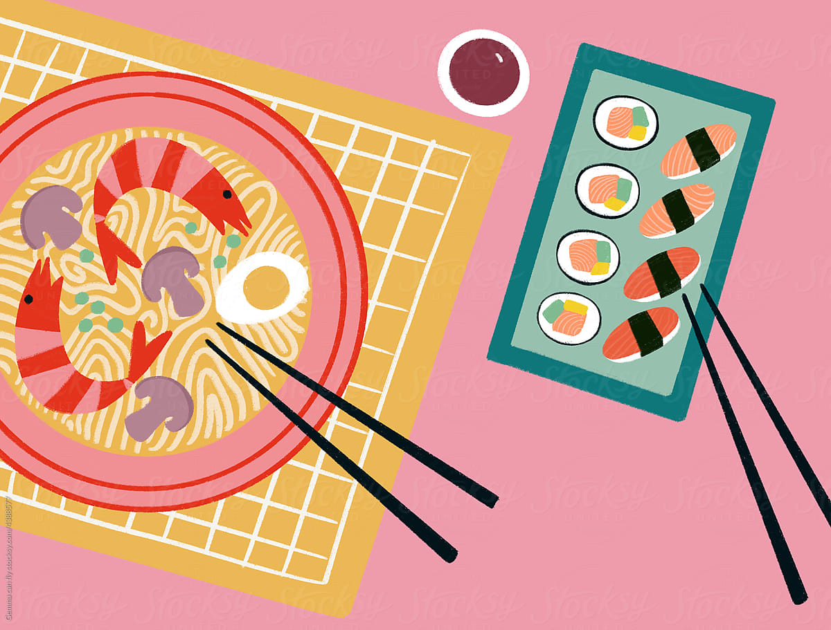Japanese food. Ramen and sushi illustration