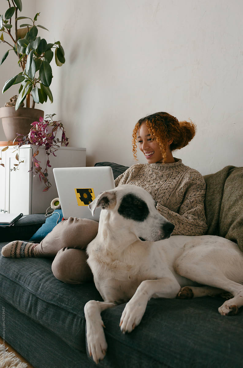 Smiling girl on sofa with dog feeling cozy using laptop