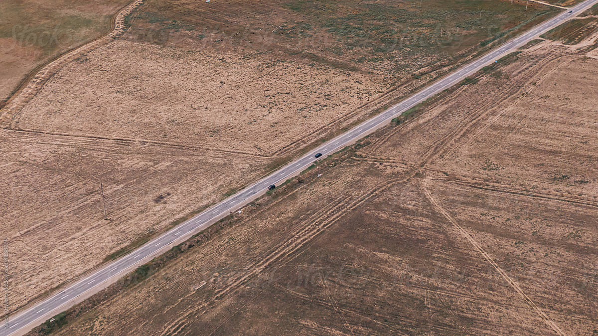 Aerial view of a sraight road in steppe of Kalmykia