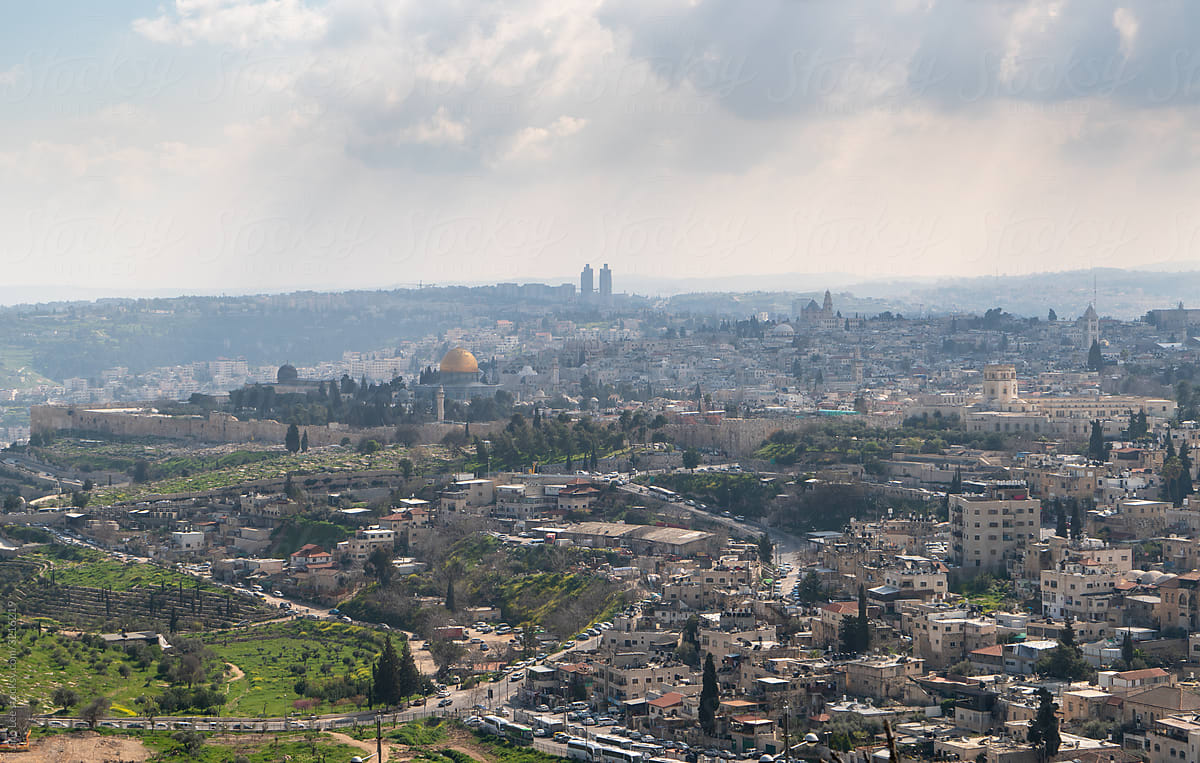 The city of Jerusalem, Israel with Temple Mount in the distance.