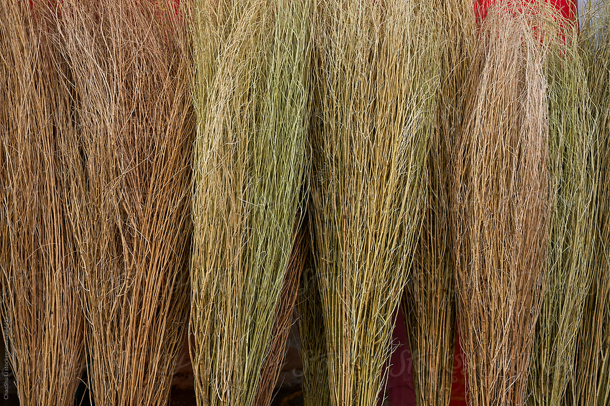 Closeup of a handmade broom, made with plants