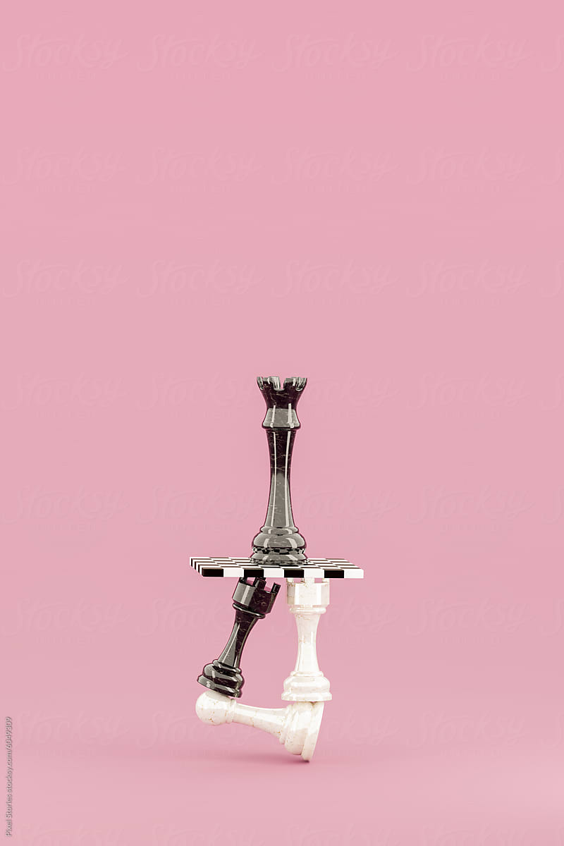 Chess pieces balance 3D concept. Hierarchy, cooperation, teamwork.