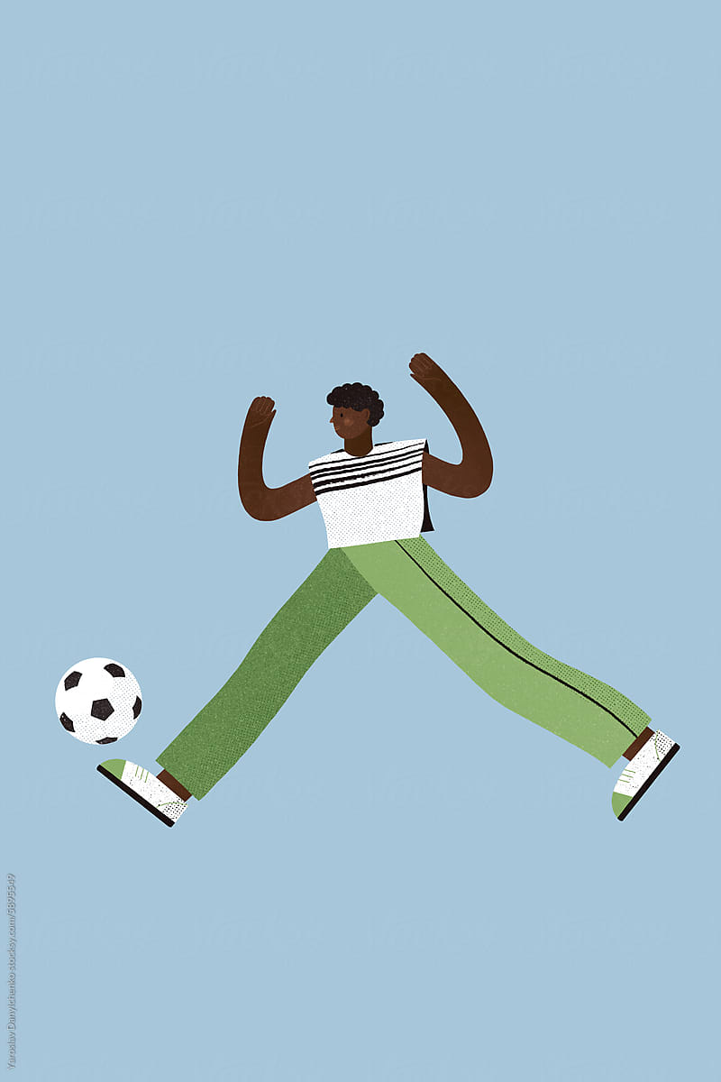 Young african american male in sportswear playing football alone