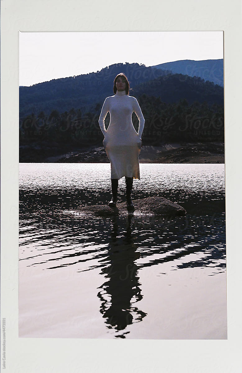 Analogical photo of a fashion editorial by the lake