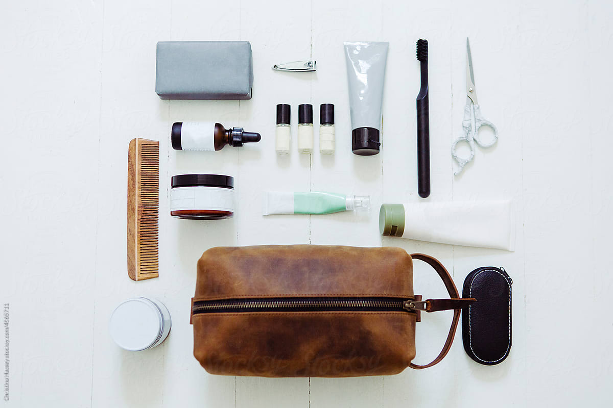 Men\'s Leather Toiletry Cosmetic Bag with Self Care Products Flatlay
