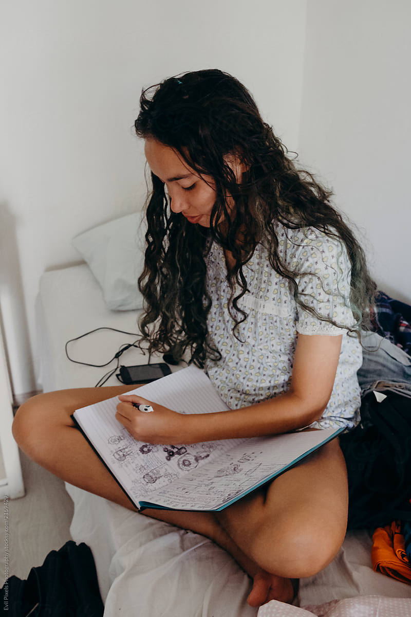 Girl Sitting On A Bed, Drawing