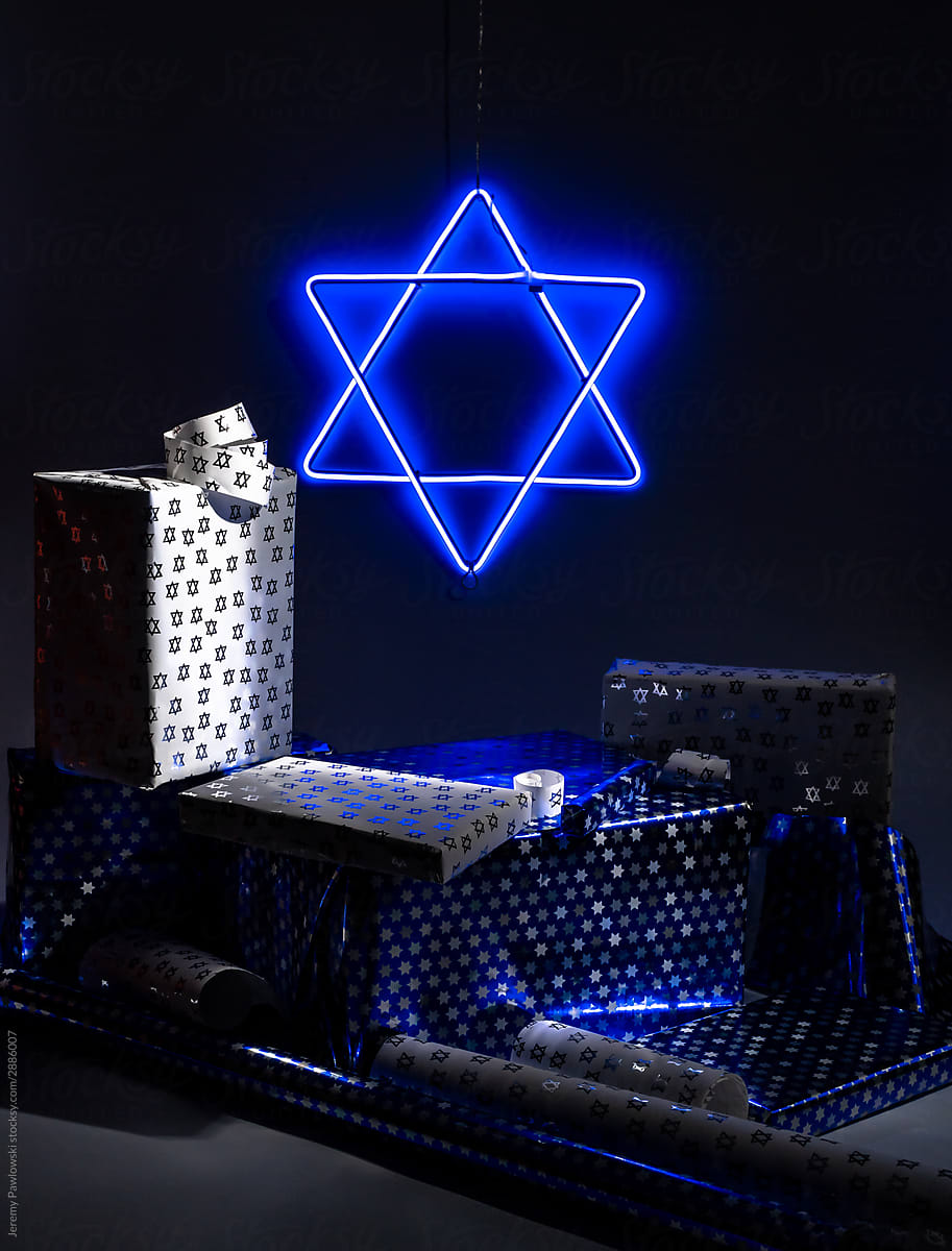 Hanukkah Presents and Neon Star Of David