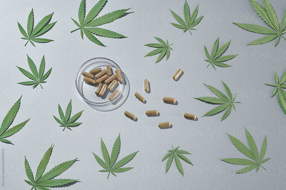 Cannabis medical pills CBD on color background, Medical hemp pills