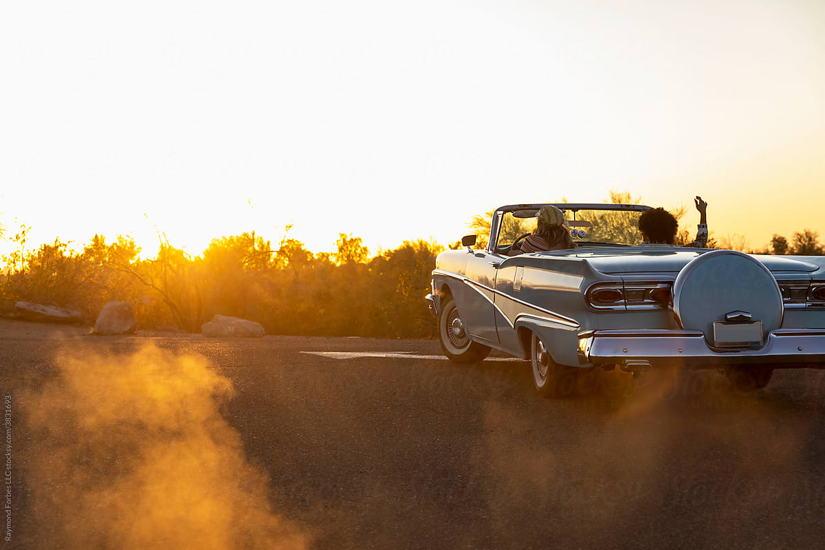 Road Trip in Vintage Automobile  in Arizona at Sunset