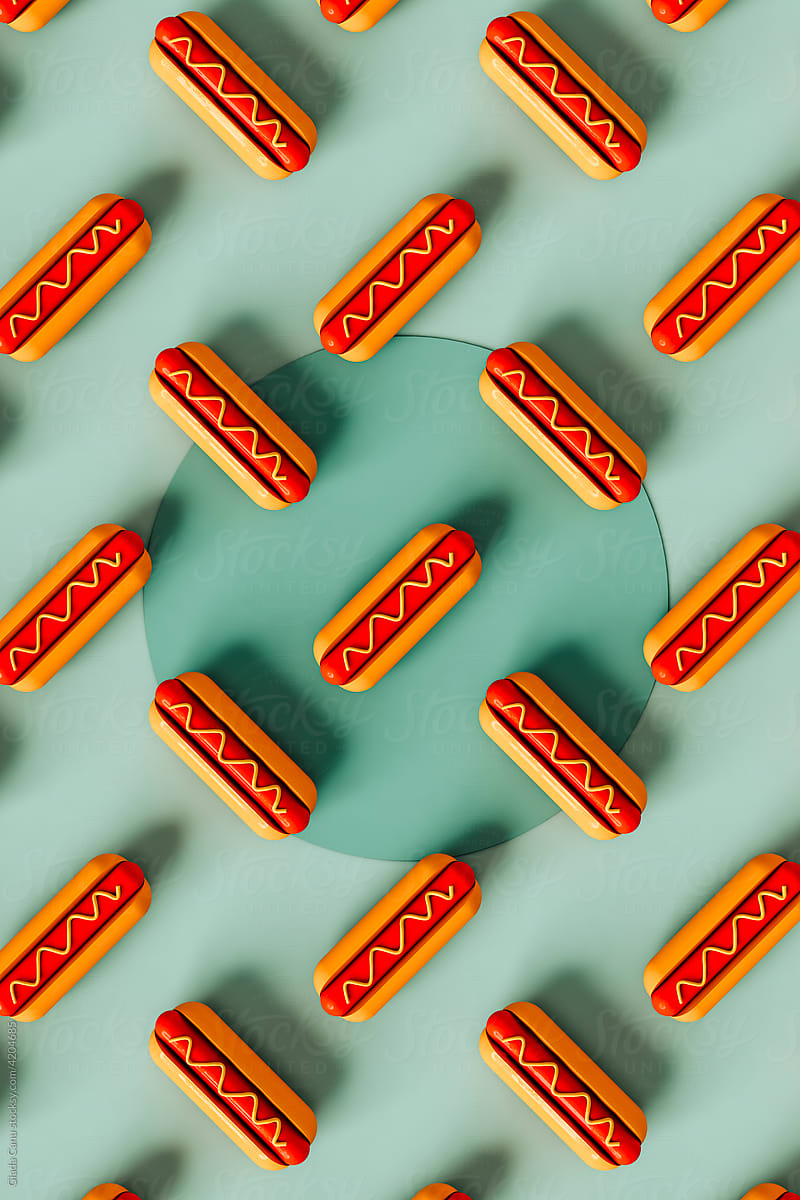 top-down view of hot dogs pattern on blue