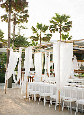 Outdoor, Tropical Wedding Reception Table With Hanging Greenery Garlands  by Stocksy Contributor Seth Mourra - Stocksy