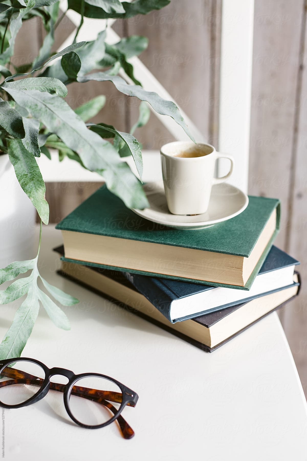 Espresso, books, plant, spectacles.