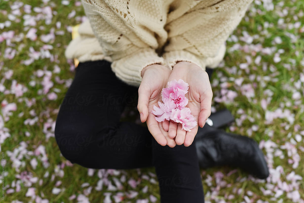 Woman holding sakura flowers in her hands
