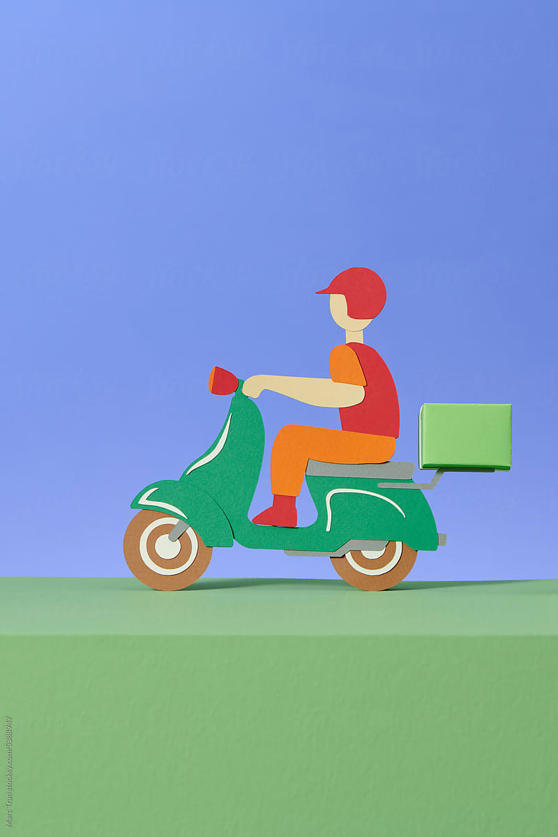 Delivery man riding motorbike that going to product to customer