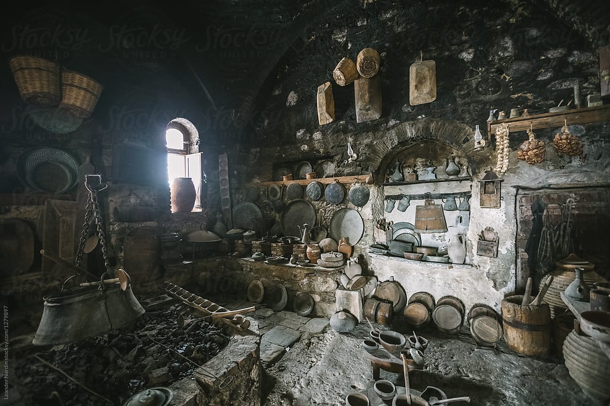 old rural medieval kitchen in ancient monastery