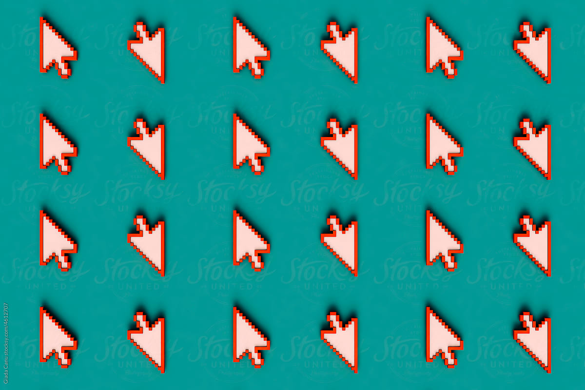 top down view of many pink arrow cursors