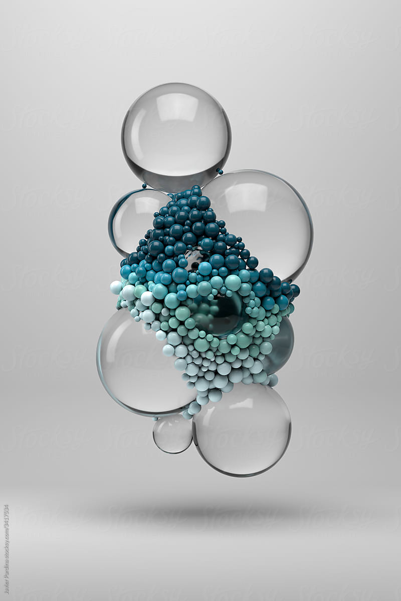 Three dimensional render of colorful spheres and glass