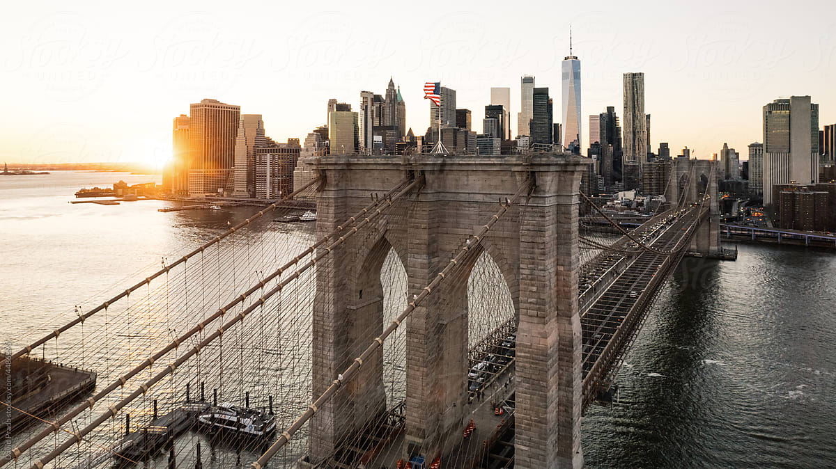 Drone view of Brooklyn bridge and Manhattan on Background